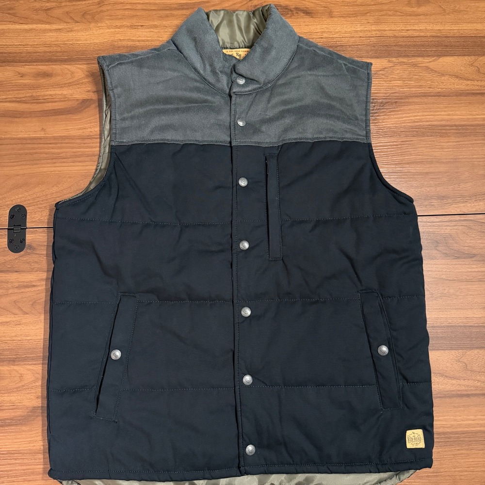 Red Head Ranch Mens Quilted Puffer Vest Black Gray Snap Front Size L
